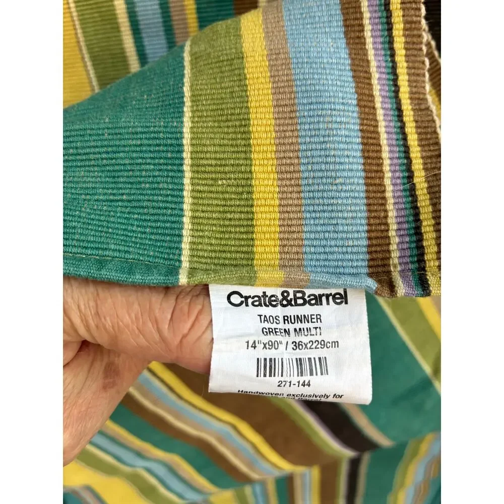 Crate & Barrel Table Runner Multi Stripe Teal Yellow Green Blue Cotton 14